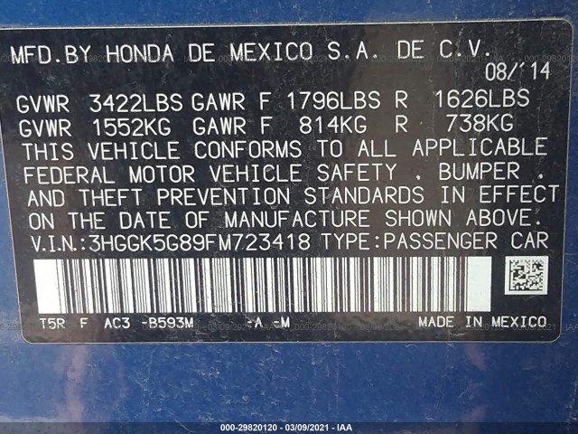 Photo 8 VIN: 3HGGK5G89FM723418 - HONDA FIT 