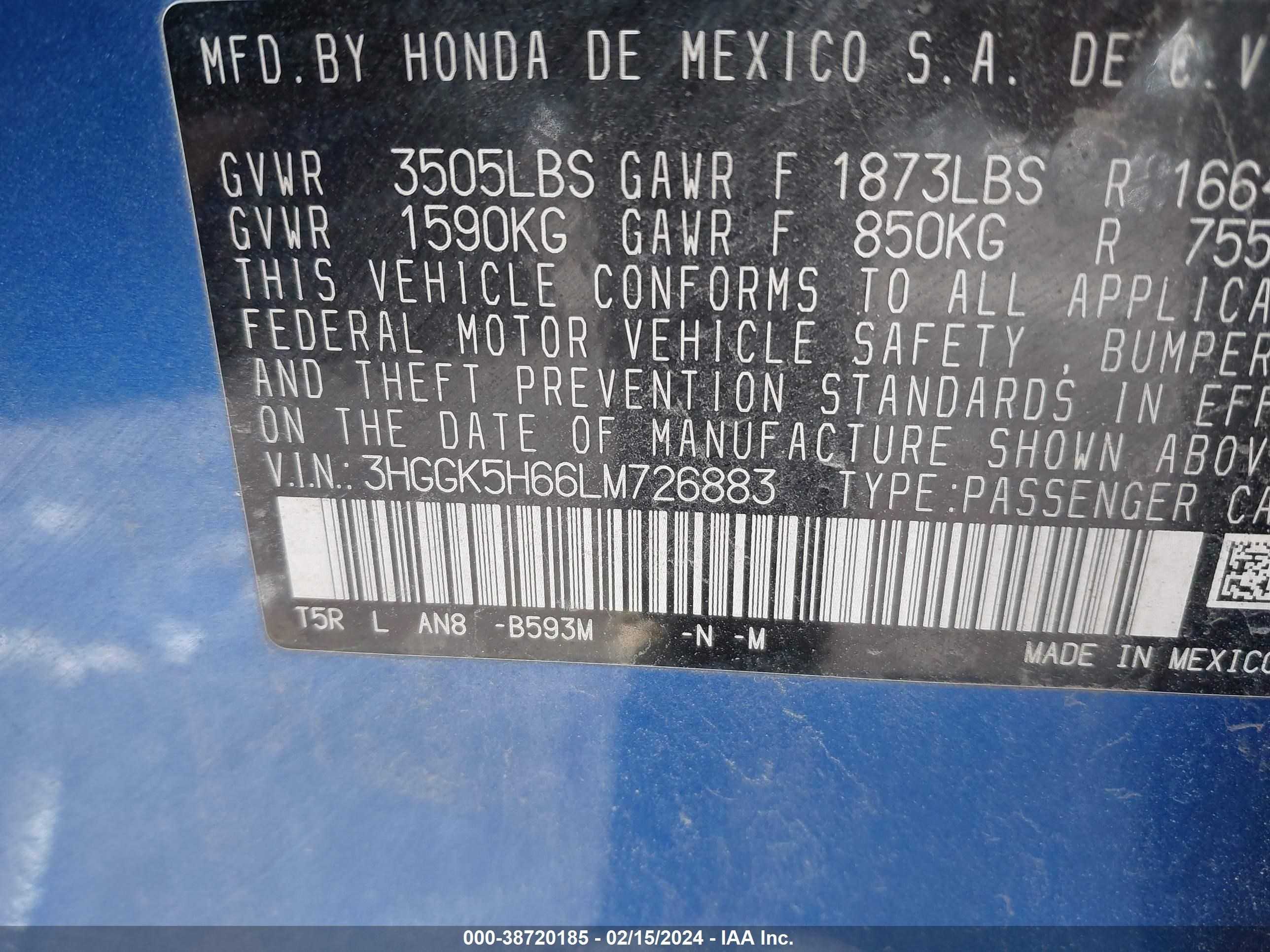 Photo 8 VIN: 3HGGK5H66LM726883 - HONDA FIT 