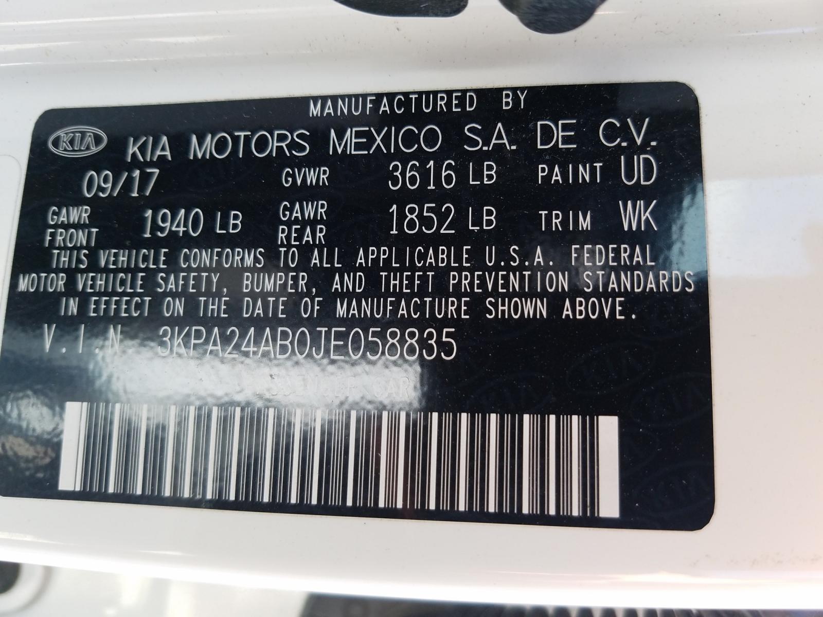 Photo 9 VIN: 3KPA24AB0JE058835 - KIA RIO LX 