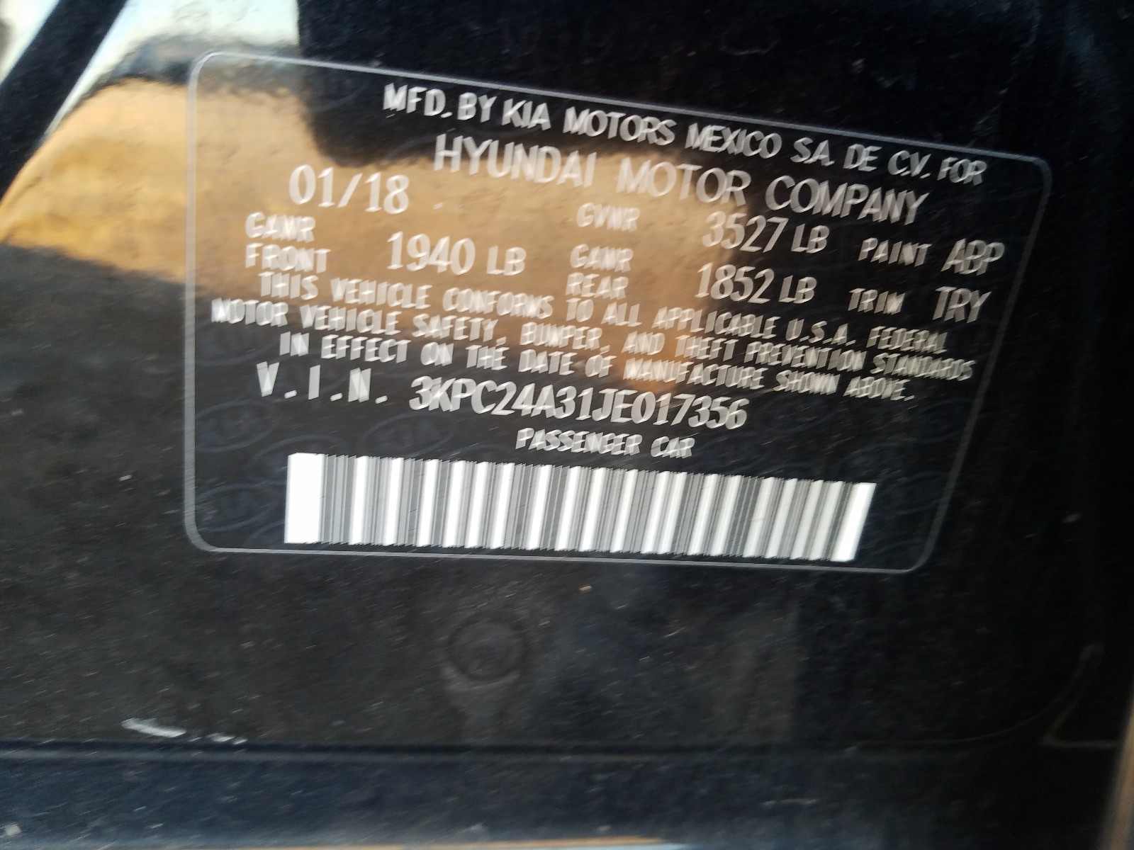 Photo 9 VIN: 3KPC24A31JE017356 - HYUNDAI ACCENT SE 