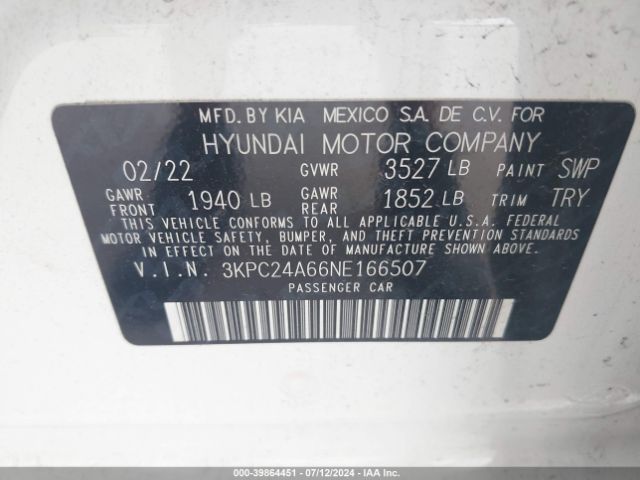 Photo 8 VIN: 3KPC24A66NE166507 - HYUNDAI ACCENT 