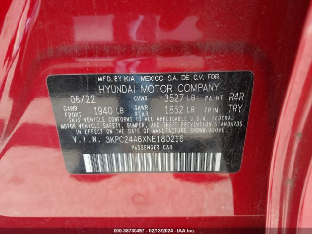 Photo 8 VIN: 3KPC24A6XNE180216 - HYUNDAI ACCENT 