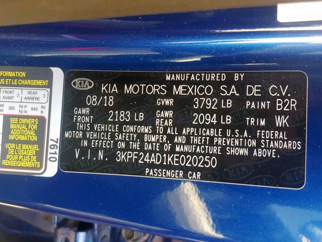 Photo 9 VIN: 3KPF24AD1KE020250 - KIA FORTE FE 