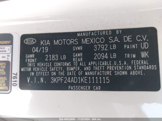 Photo 8 VIN: 3KPF24AD1KE111115 - KIA FORTE 