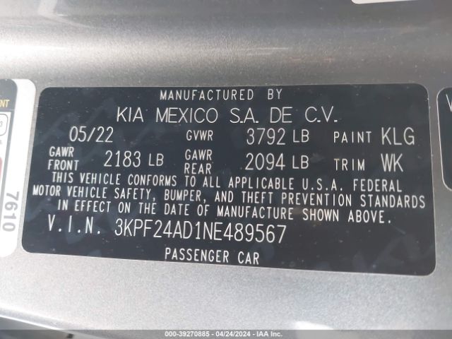 Photo 8 VIN: 3KPF24AD1NE489567 - KIA FORTE 