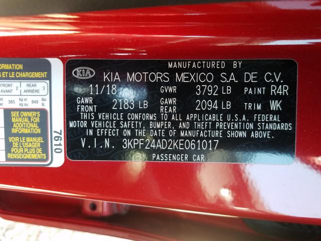 Photo 9 VIN: 3KPF24AD2KE061017 - KIA FORTE FE 