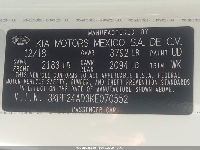 Photo 8 VIN: 3KPF24AD3KE070552 - KIA FORTE 