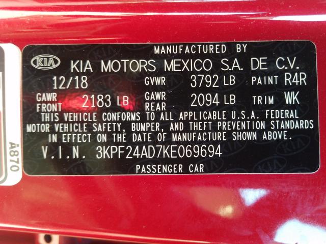 Photo 9 VIN: 3KPF24AD7KE069694 - KIA FORTE FE 