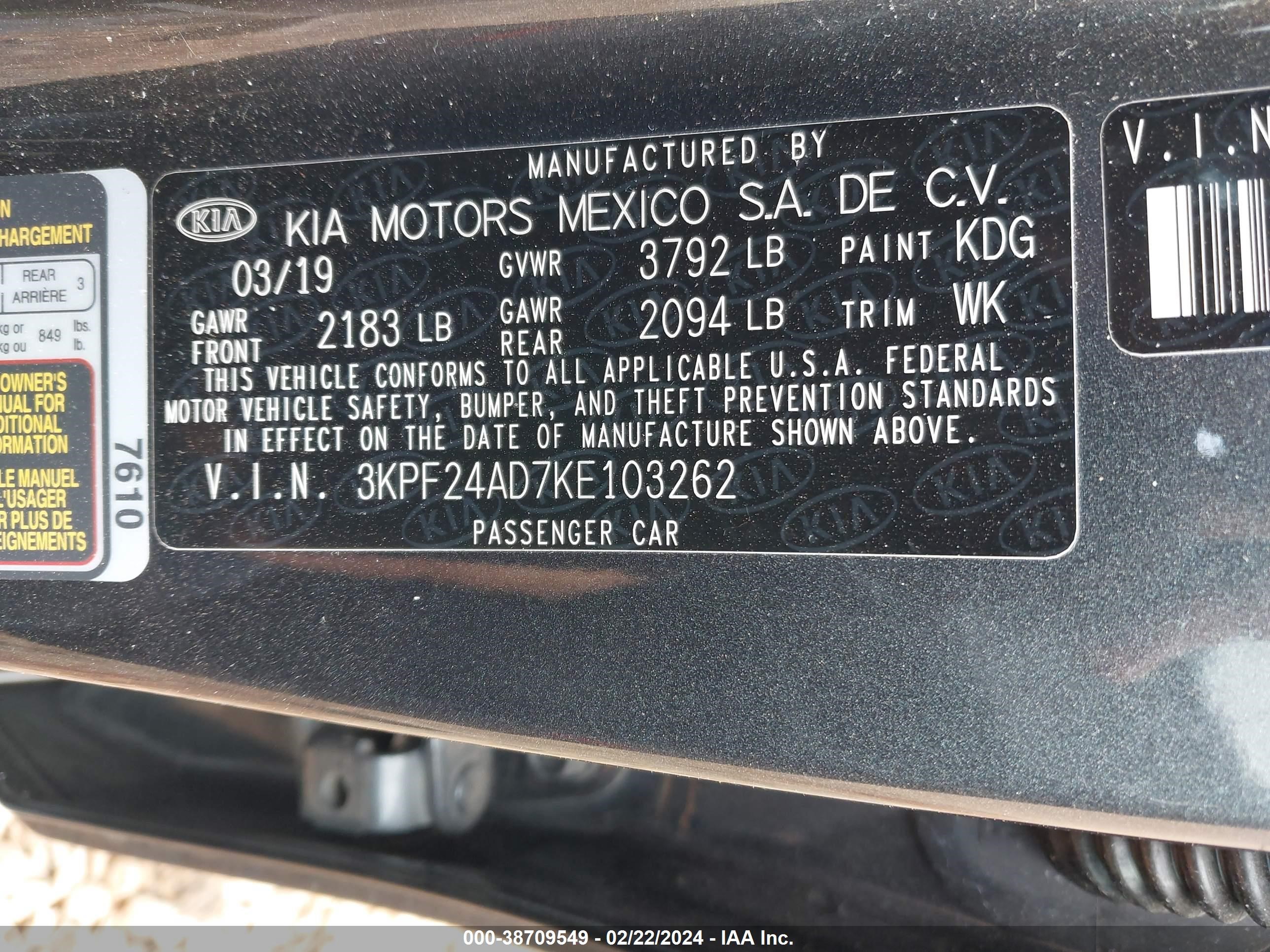 Photo 8 VIN: 3KPF24AD7KE103262 - KIA FORTE 