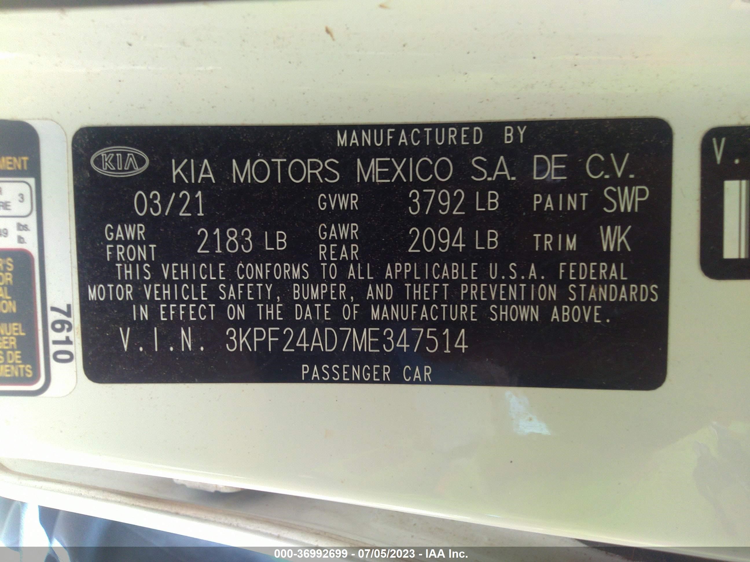 Photo 8 VIN: 3KPF24AD7ME347514 - KIA FORTE 