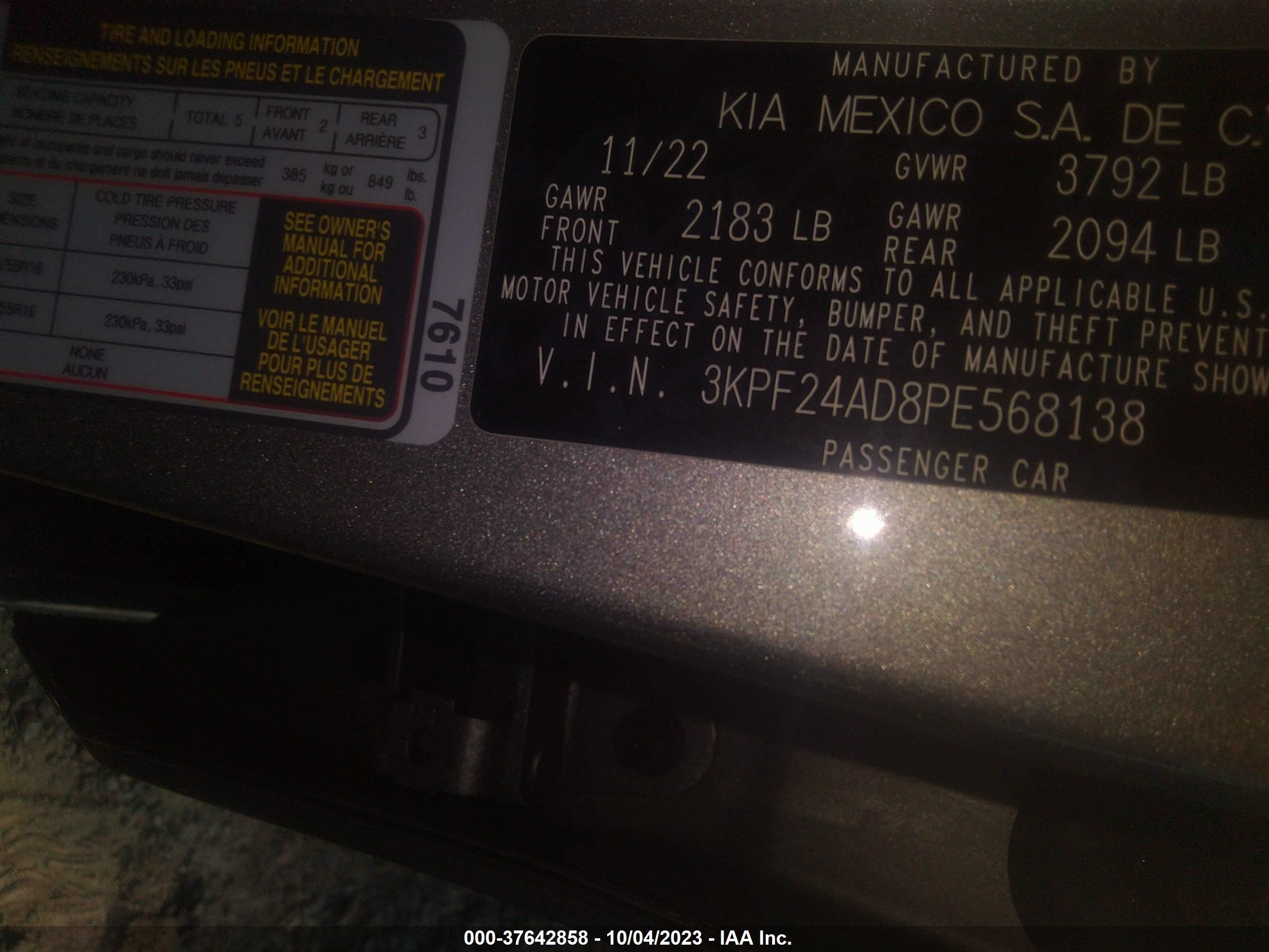 Photo 8 VIN: 3KPF24AD8PE568138 - KIA FORTE 