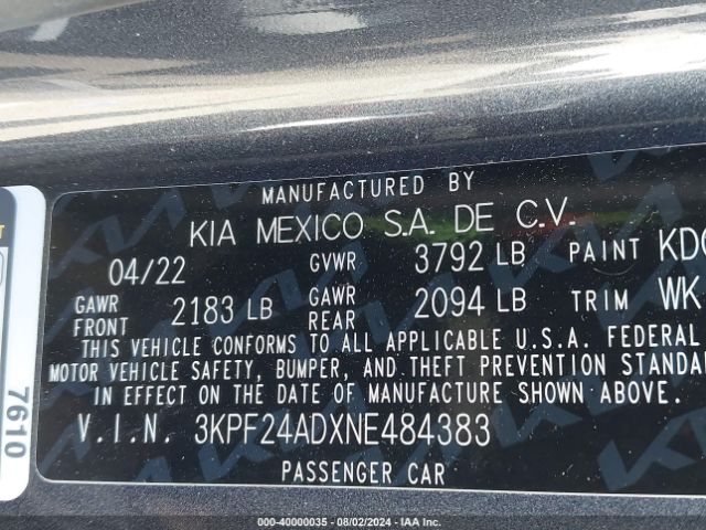 Photo 8 VIN: 3KPF24ADXNE484383 - KIA FORTE 