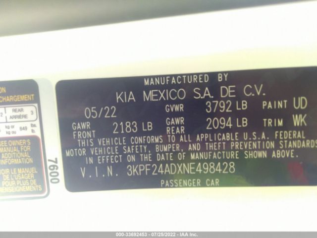 Photo 8 VIN: 3KPF24ADXNE498428 - KIA FORTE 