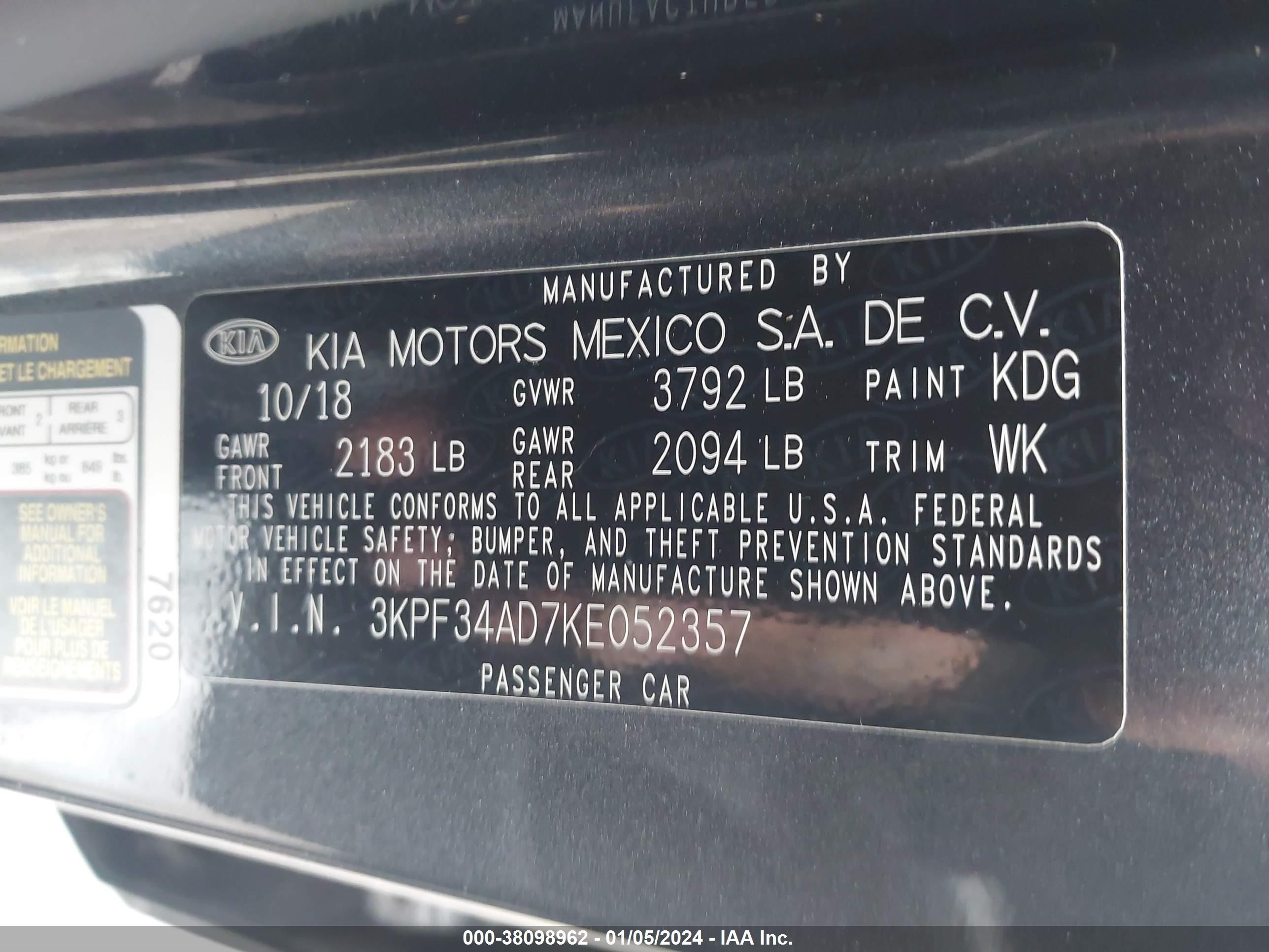 Photo 8 VIN: 3KPF34AD7KE052357 - KIA FORTE 