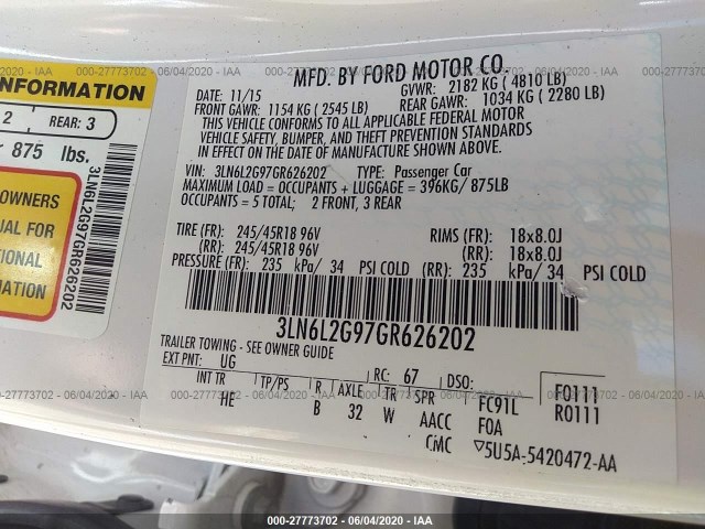 Photo 8 VIN: 3LN6L2G97GR626202 - LINCOLN MKZ 