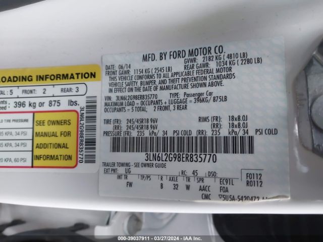 Photo 8 VIN: 3LN6L2G98ER835770 - LINCOLN MKZ 