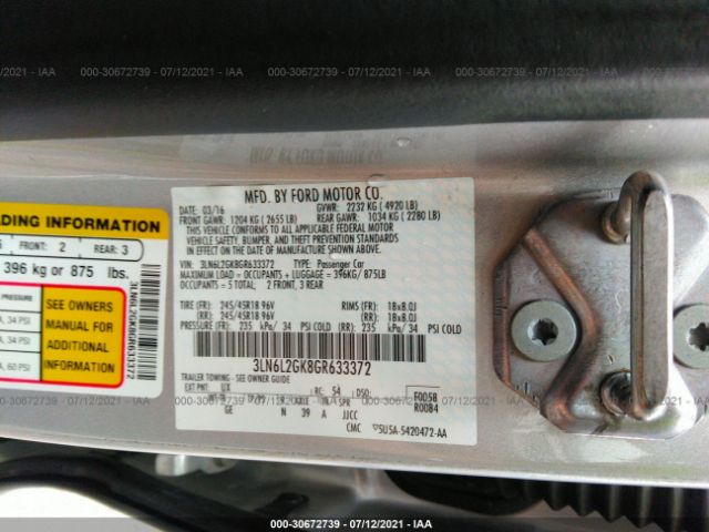 Photo 8 VIN: 3LN6L2GK8GR633372 - LINCOLN MKZ 