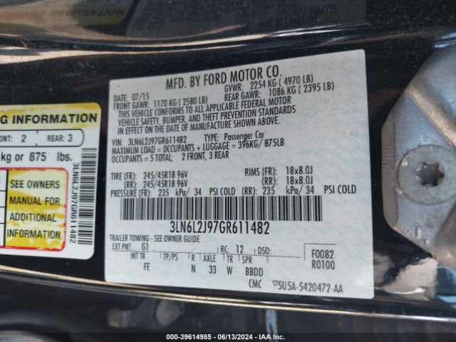 Photo 8 VIN: 3LN6L2J97GR611482 - LINCOLN MKZ 