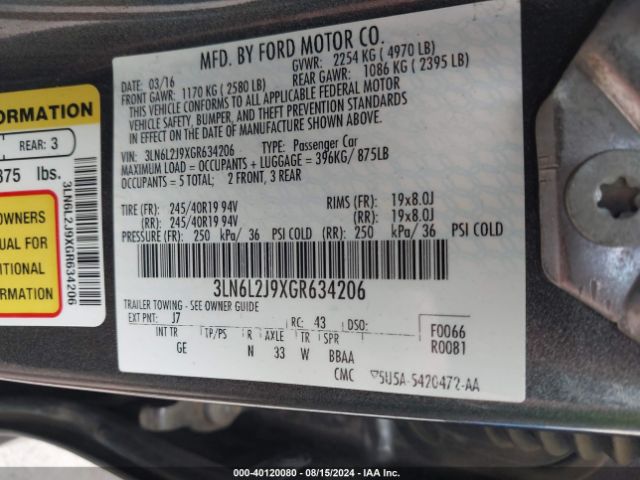 Photo 8 VIN: 3LN6L2J9XGR634206 - LINCOLN MKZ 