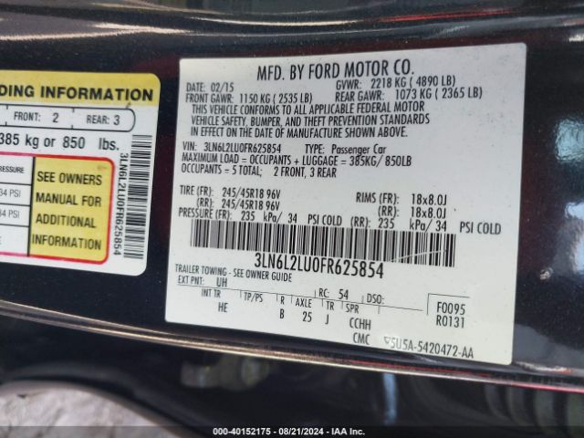 Photo 8 VIN: 3LN6L2LU0FR625854 - LINCOLN MKZ 