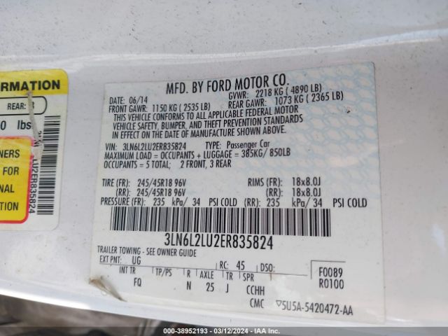 Photo 8 VIN: 3LN6L2LU2ER835824 - LINCOLN MKZ HYBRID 