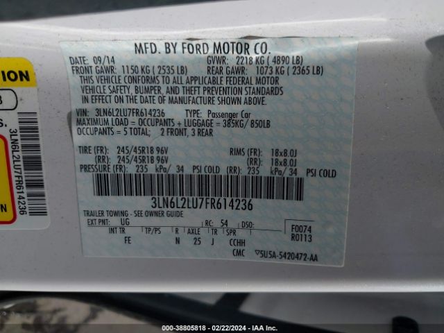 Photo 8 VIN: 3LN6L2LU7FR614236 - LINCOLN MKZ HYBRID 