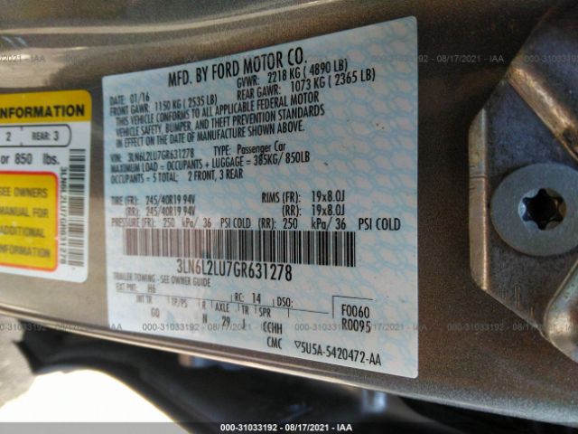 Photo 8 VIN: 3LN6L2LU7GR631278 - LINCOLN MKZ 