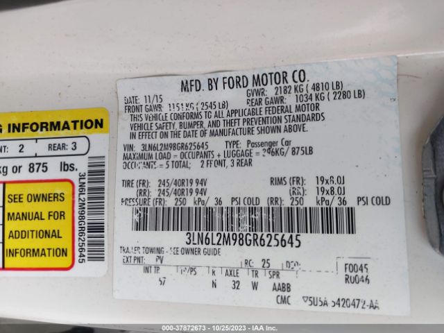 Photo 8 VIN: 3LN6L2M98GR625645 - LINCOLN MKZ 