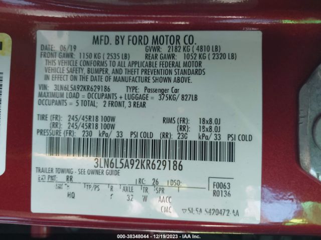 Photo 8 VIN: 3LN6L5A92KR629186 - LINCOLN MKZ 