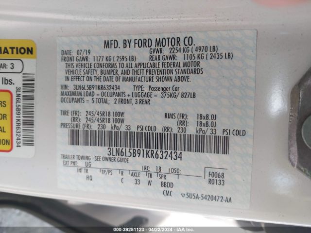 Photo 8 VIN: 3LN6L5B91KR632434 - LINCOLN MKZ 