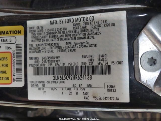 Photo 8 VIN: 3LN6L5C92HR624138 - LINCOLN MKZ 