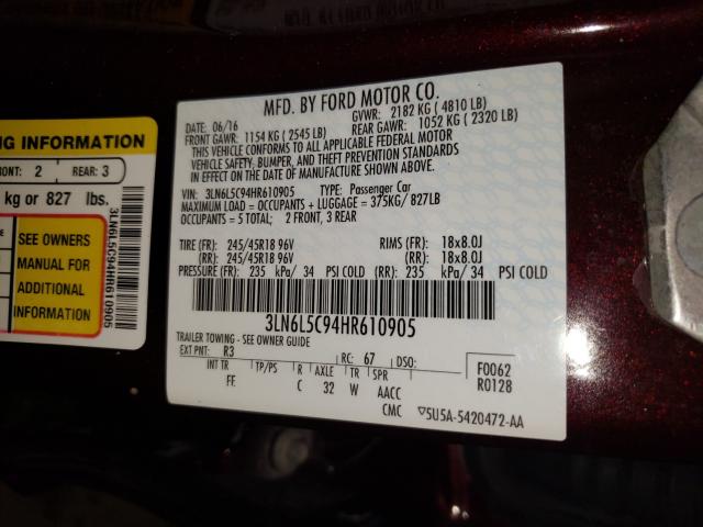 Photo 9 VIN: 3LN6L5C94HR610905 - LINCOLN MKZ SELECT 