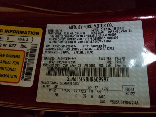 Photo 9 VIN: 3LN6L5C98HR609997 - LINCOLN MKZ SELECT 