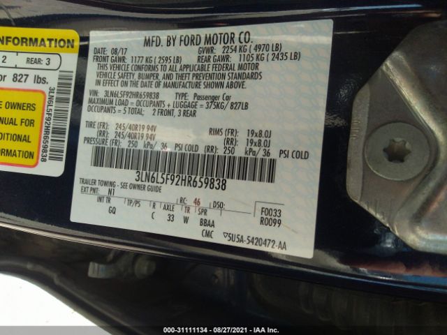 Photo 8 VIN: 3LN6L5F92HR659838 - LINCOLN MKZ 