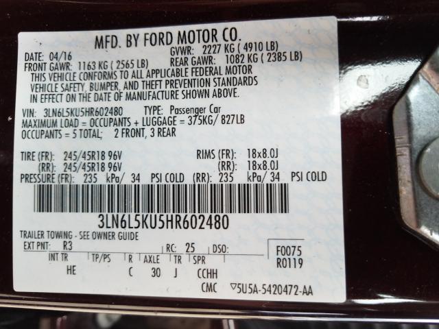 Photo 9 VIN: 3LN6L5KU5HR602480 - LINCOLN MKZ HYBRID 