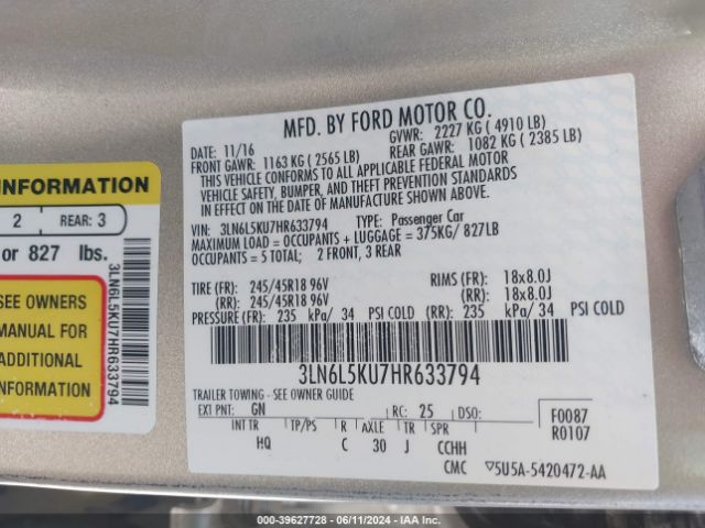 Photo 8 VIN: 3LN6L5KU7HR633794 - LINCOLN MKZ 