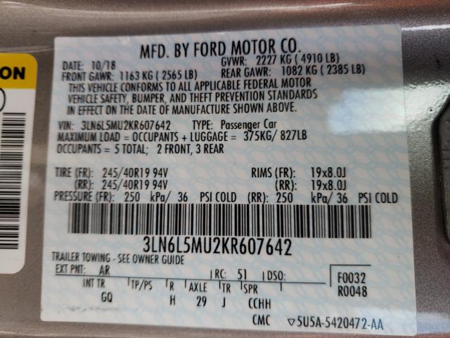 Photo 9 VIN: 3LN6L5MU2KR607642 - LINCOLN MKZ RESERV 