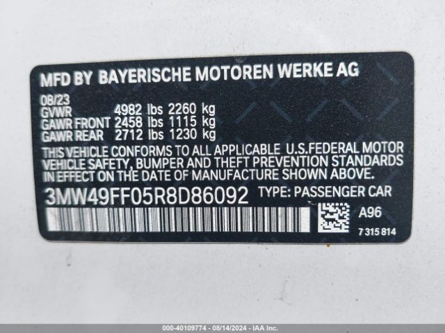 Photo 8 VIN: 3MW49FF05R8D86092 - BMW 340I 