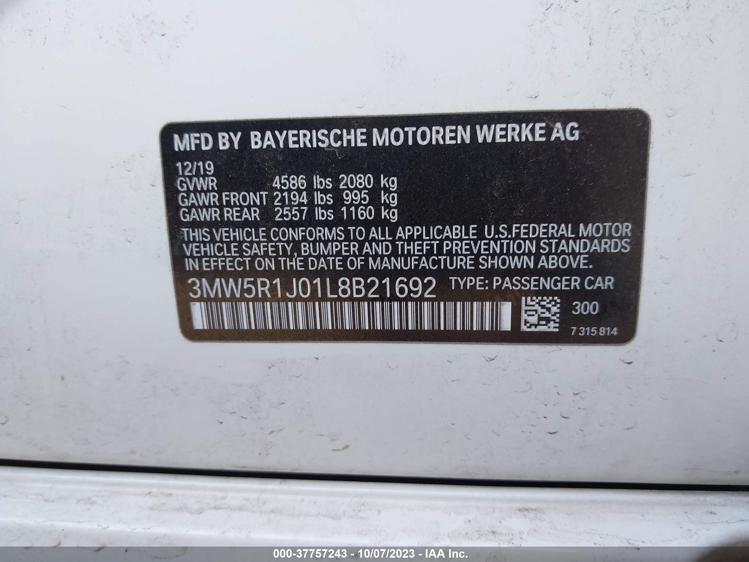 Photo 8 VIN: 3MW5R1J01L8B21692 - BMW 3ER 