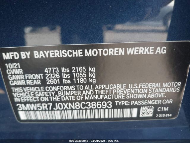 Photo 8 VIN: 3MW5R7J0XN8C38693 - BMW 330I 