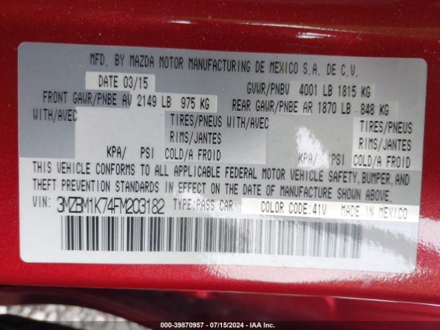 Photo 8 VIN: 3MZBM1K74FM203182 - MAZDA MAZDA3 