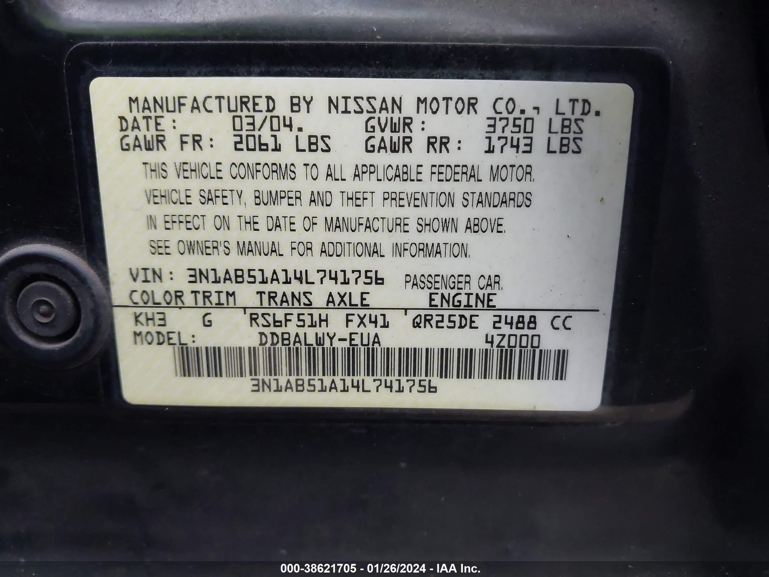 Photo 8 VIN: 3N1AB51A14L741756 - NISSAN SENTRA 