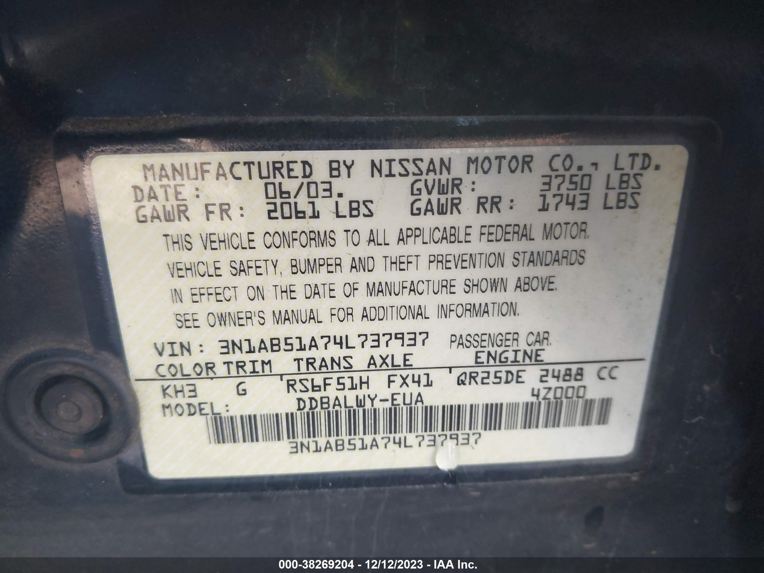 Photo 8 VIN: 3N1AB51A74L737937 - NISSAN SENTRA 