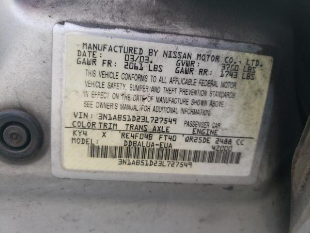 Photo 11 VIN: 3N1AB51D23L727549 - NISSAN SENTRA SE- 