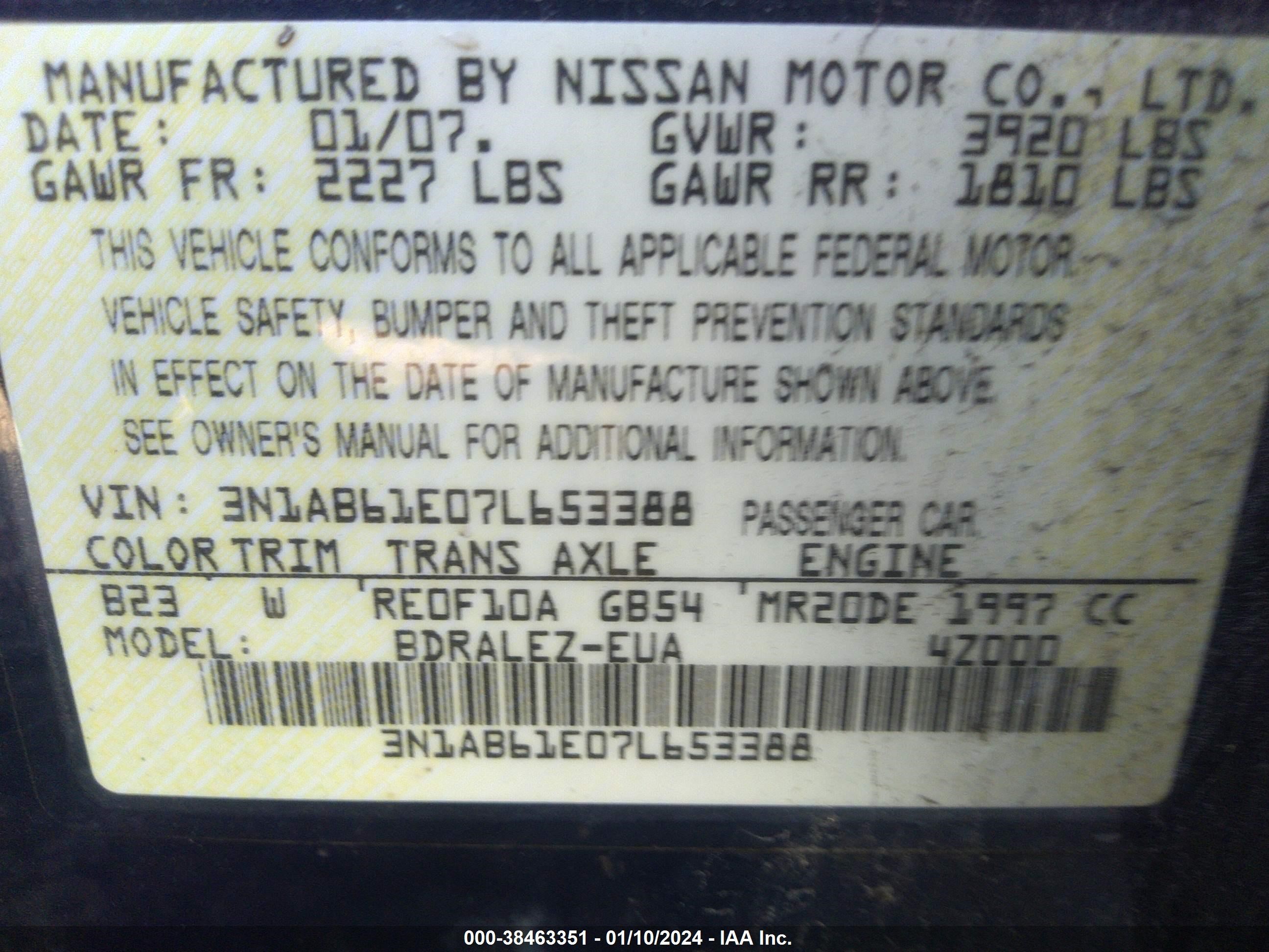 Photo 8 VIN: 3N1AB61E07L653388 - NISSAN SENTRA 