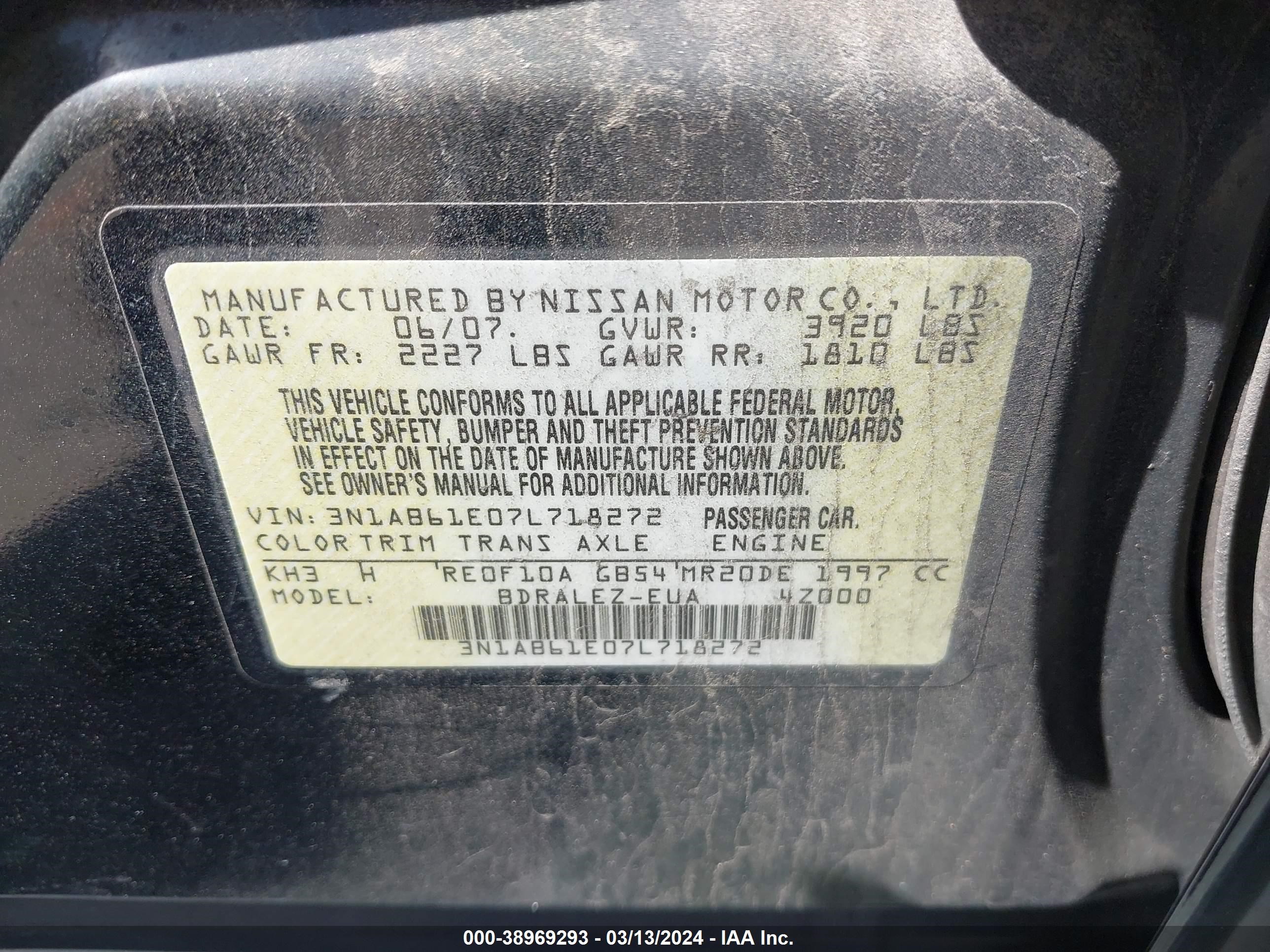 Photo 8 VIN: 3N1AB61E07L718272 - NISSAN SENTRA 