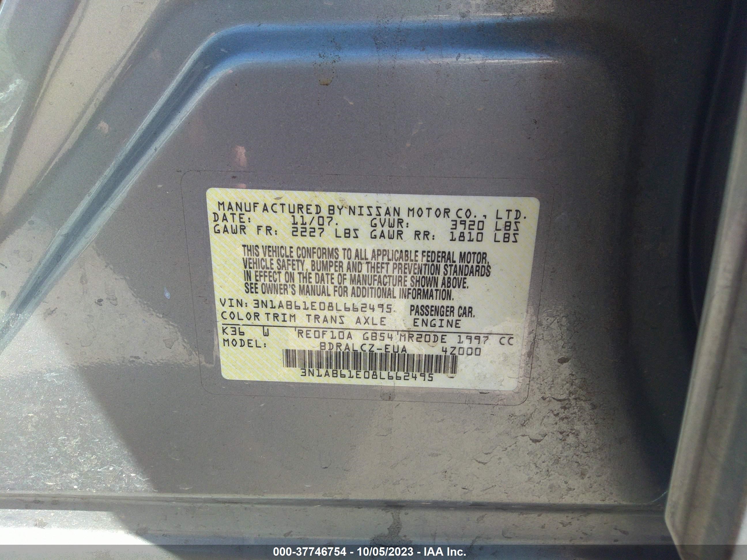 Photo 8 VIN: 3N1AB61E08L662495 - NISSAN SENTRA 