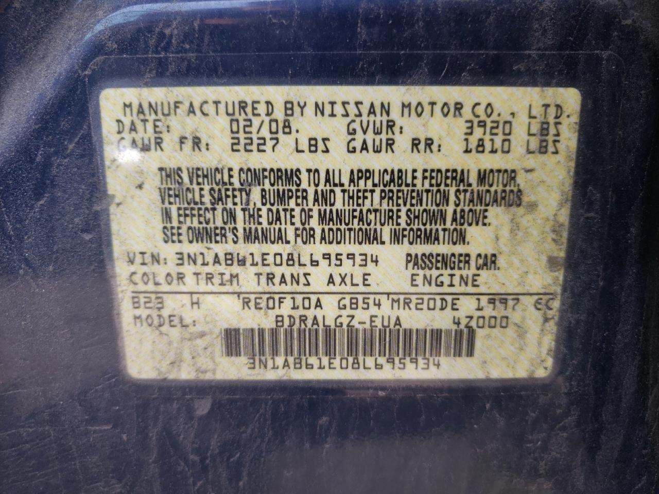 Photo 9 VIN: 3N1AB61E08L695934 - NISSAN SENTRA 