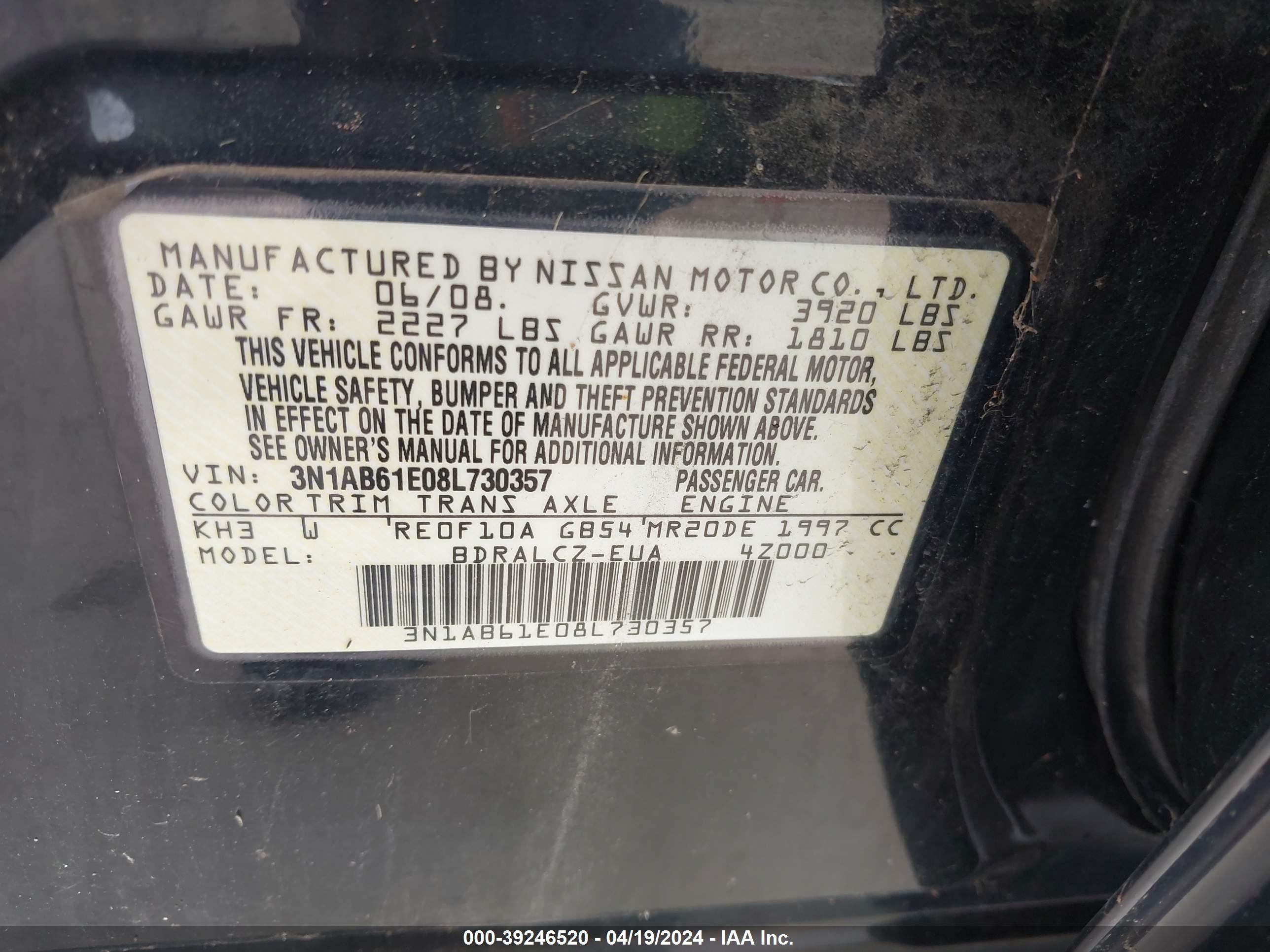 Photo 8 VIN: 3N1AB61E08L730357 - NISSAN SENTRA 