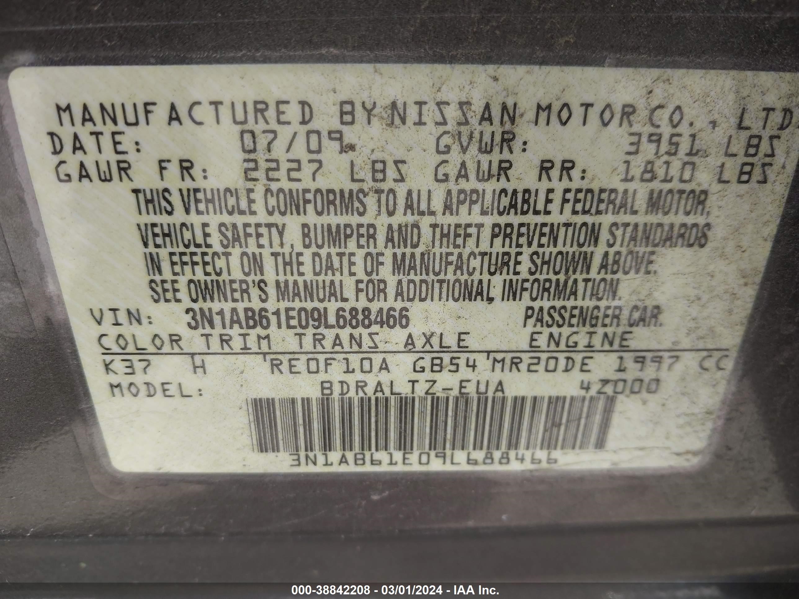 Photo 8 VIN: 3N1AB61E09L688466 - NISSAN SENTRA 